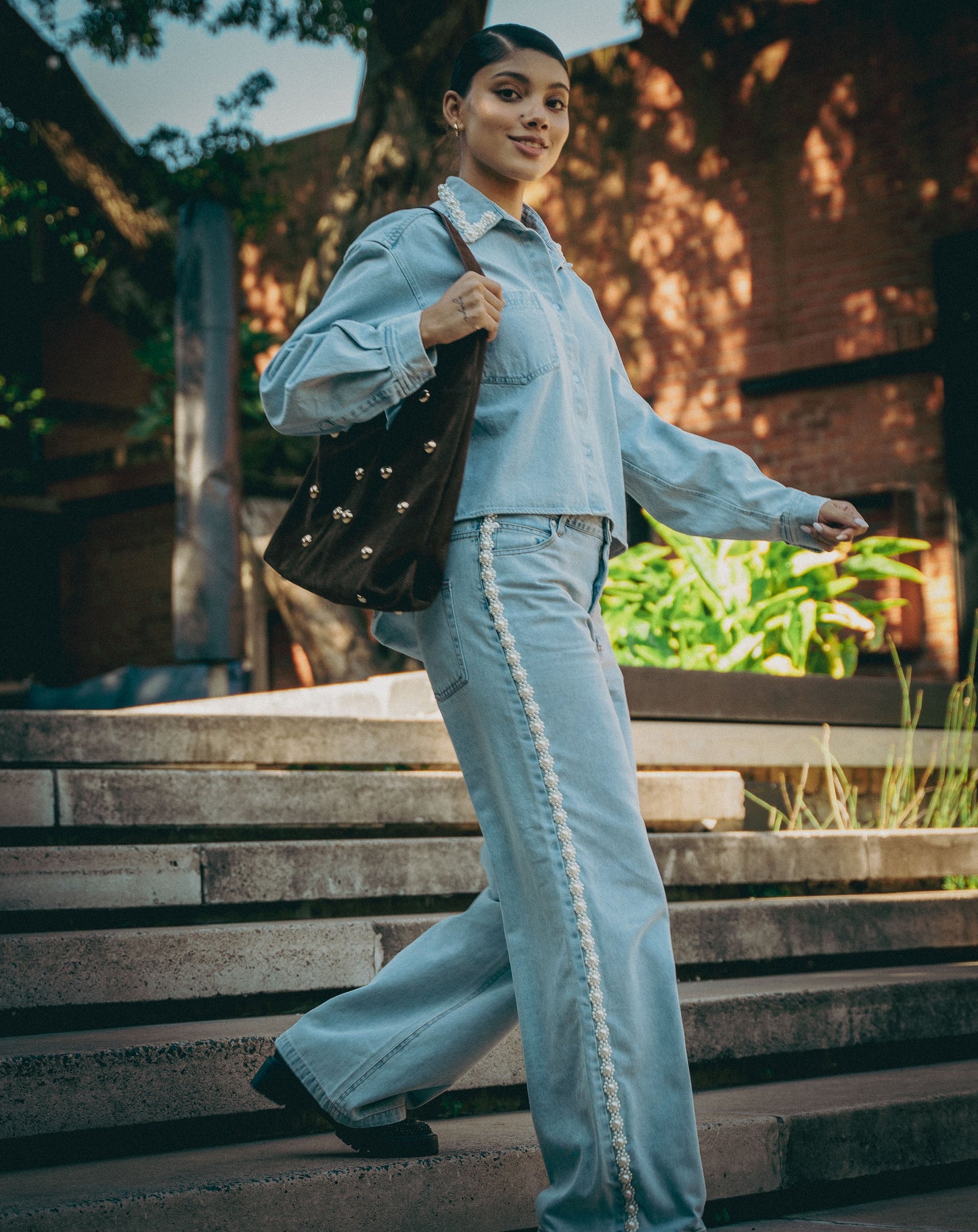 Ladies Gilded Pearl Detail Jean
