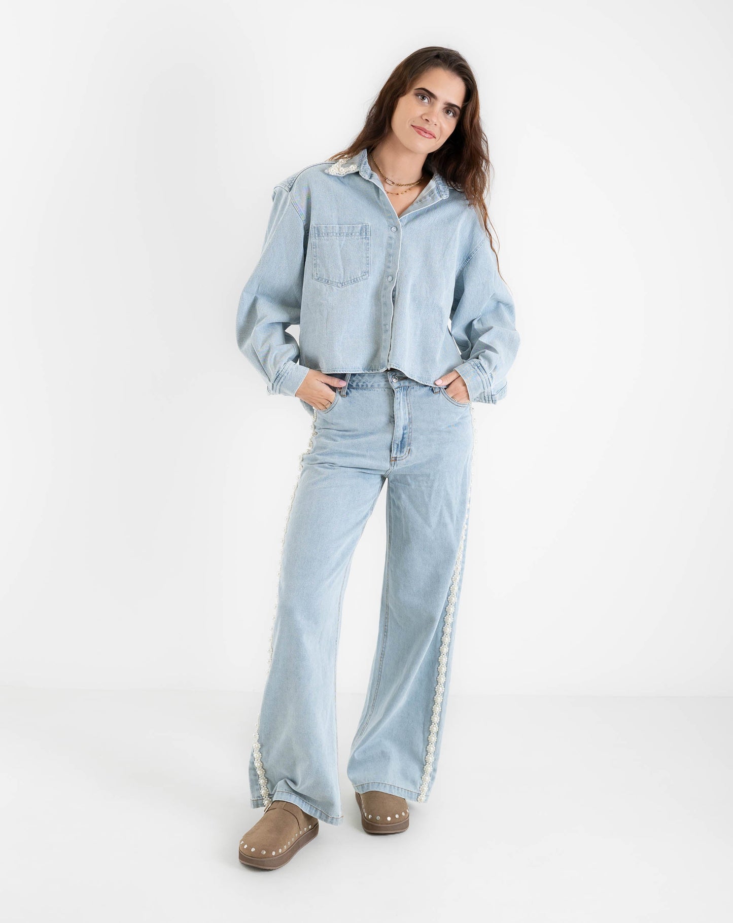 Ladies Gilded Pearl Detail Shirt - Knit Tops