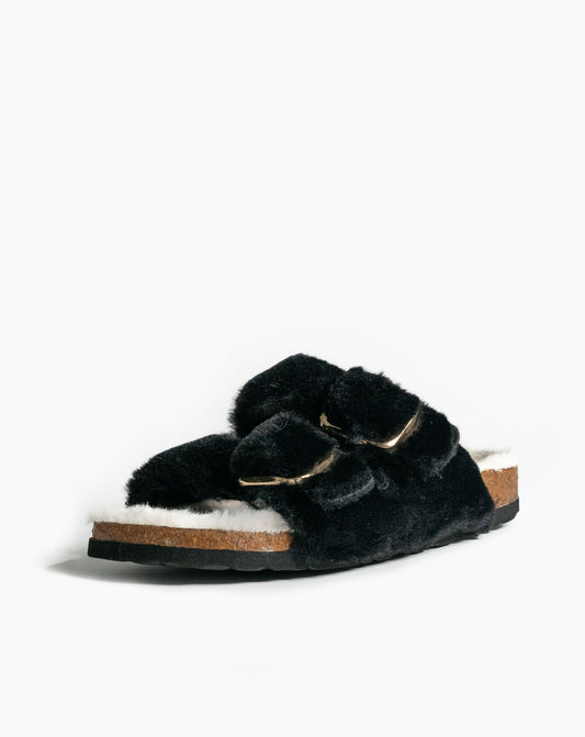Aurora Furry Sandals Black - Flat Sandals