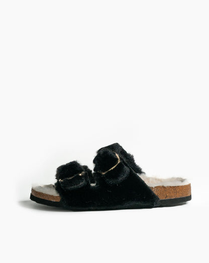 Aurora Furry Sandals Black - Flat Sandals