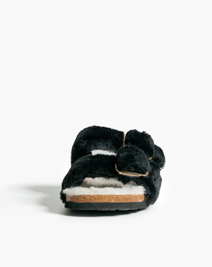 Aurora Furry Sandals Black - Flat Sandals