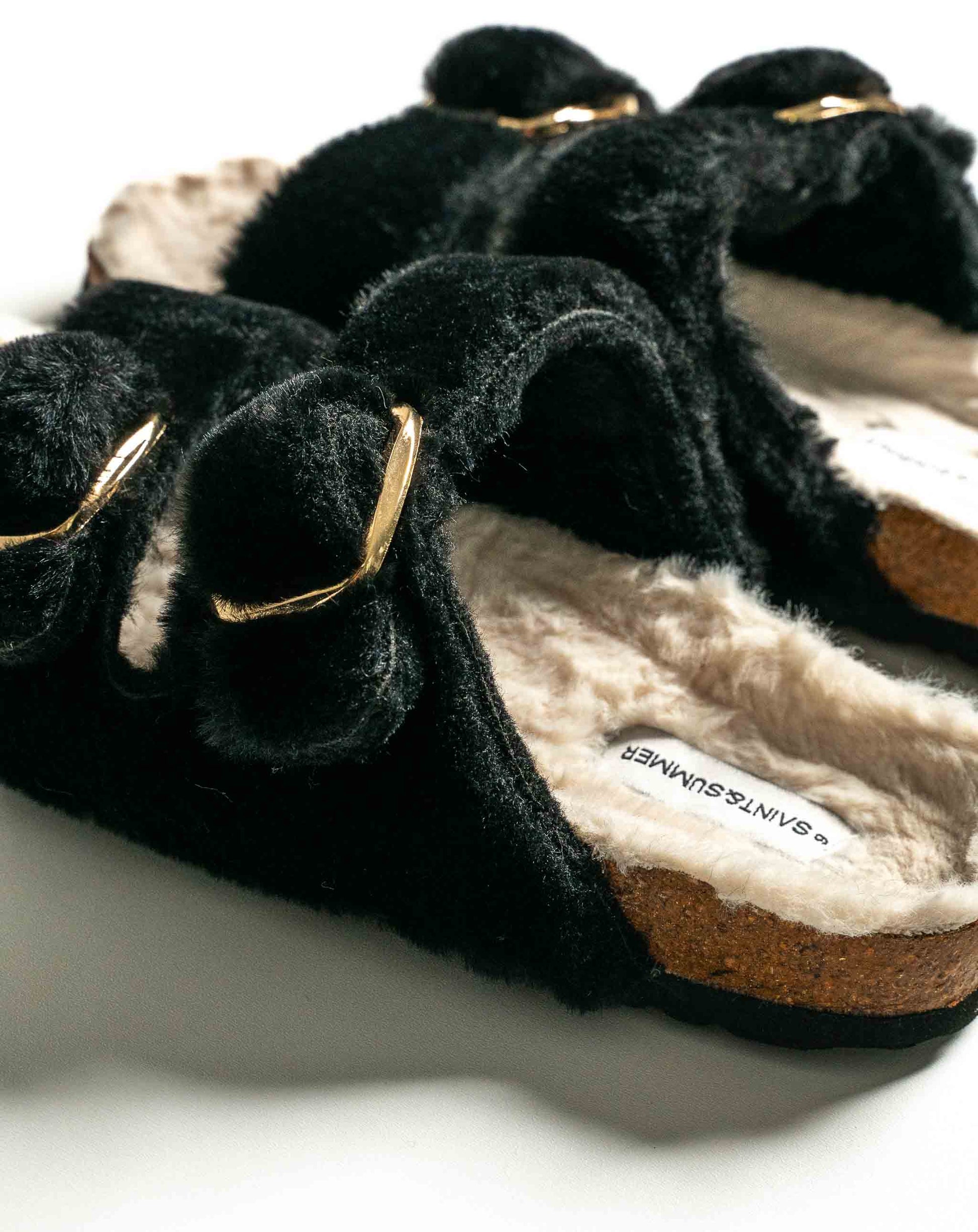 Aurora Furry Sandals Black - Flat Sandals
