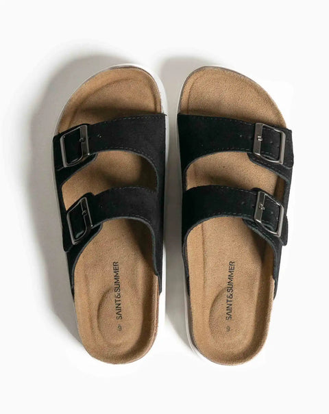 Black double-strap sandals with cork footbeds and buckle closures.