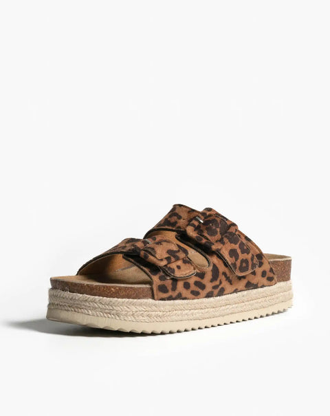 Leopard print platform sandal with buckle straps and an espadrille-style rope sole.