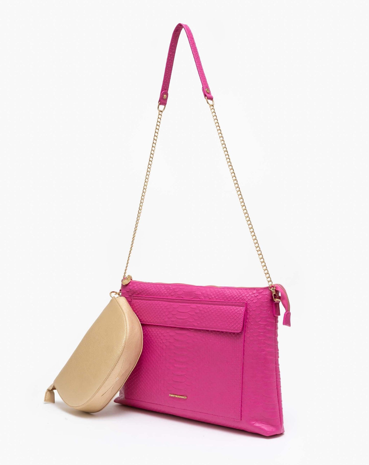 Embossed Laptop Bag with Metallic Charger Pouch - Cerise