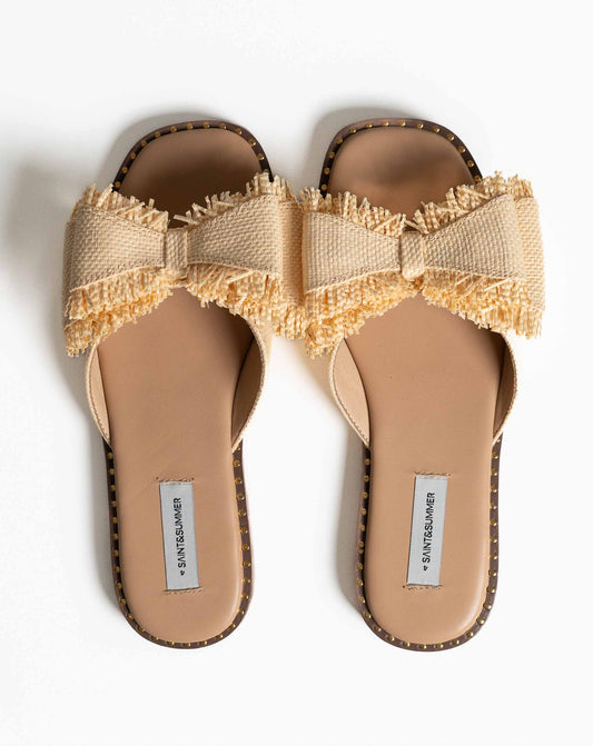 Nia Bow Slides - Raffia - Flat Sandals